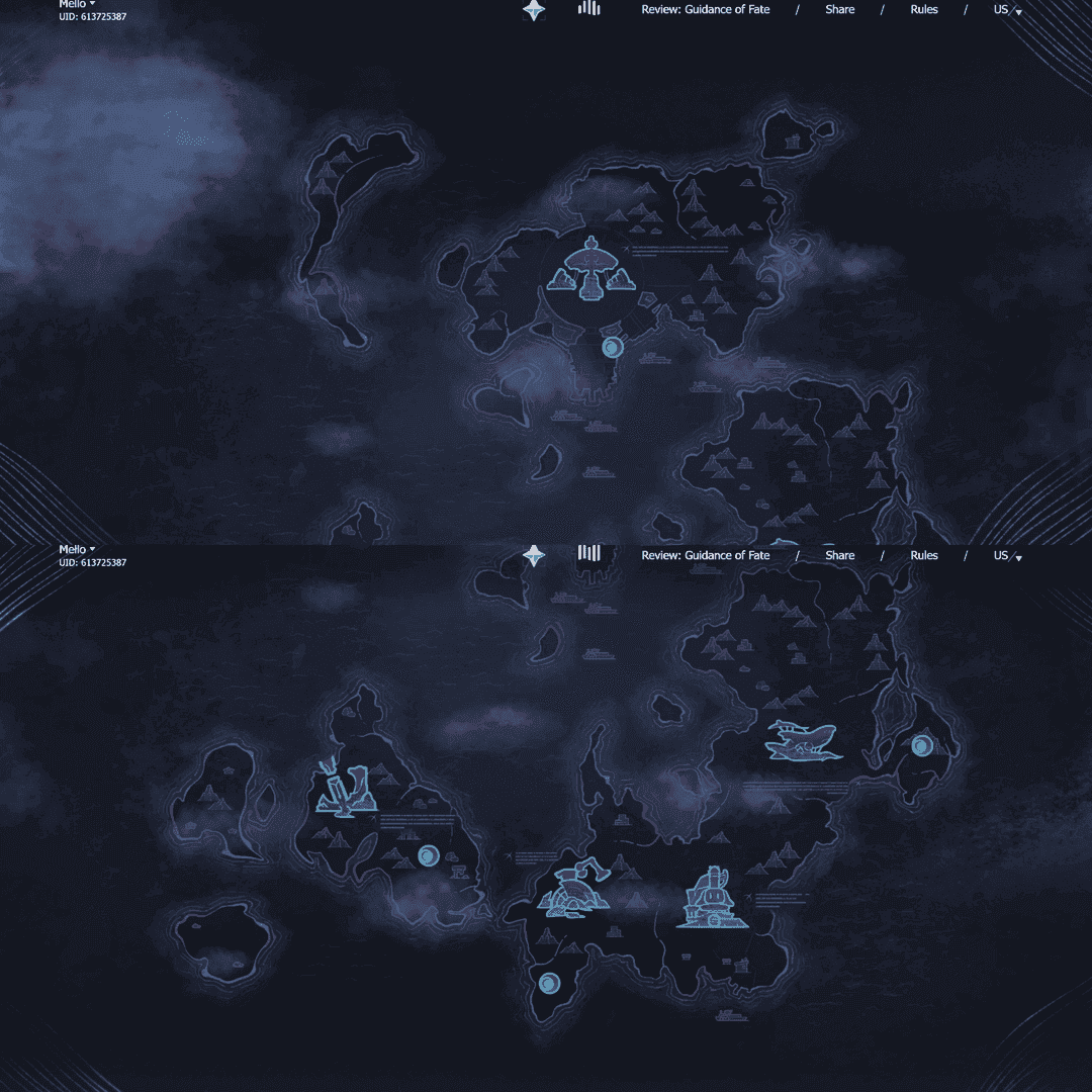 Map of Nasha Town in Genshin Impact showing important locations like Rossum Workshop, Voynich Guild, and other key facilities