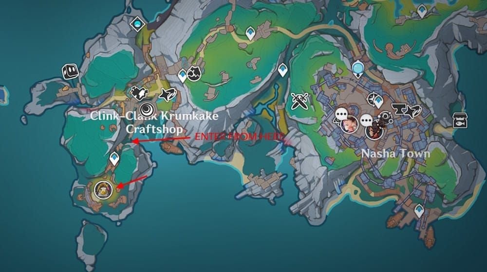 Genshin Impact map showing Knuckle Duckle boss location in Nod-Krai region