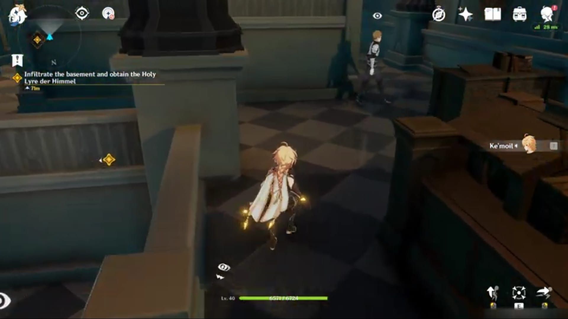 Genshin Impact stealth gameplay showing character crouching behind cover with enemy detection indicators
