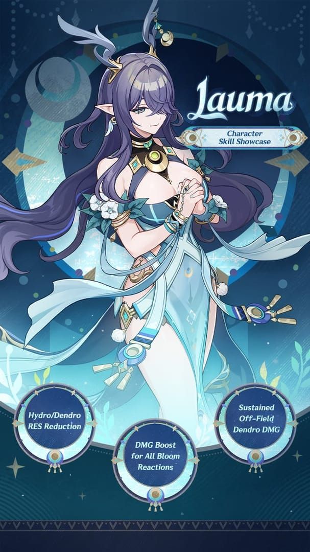 Lauma character profile showing her Dendro Catalyst abilities and stats in Genshin Impact