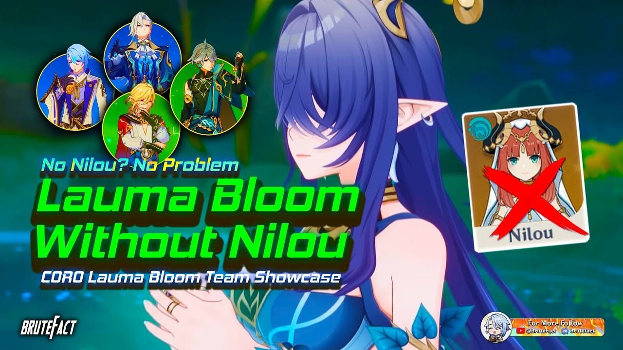 Combat screenshot of Lauma-Nilou dual-core team showing simultaneous Bountiful Cores and Lunar-Bloom reactions