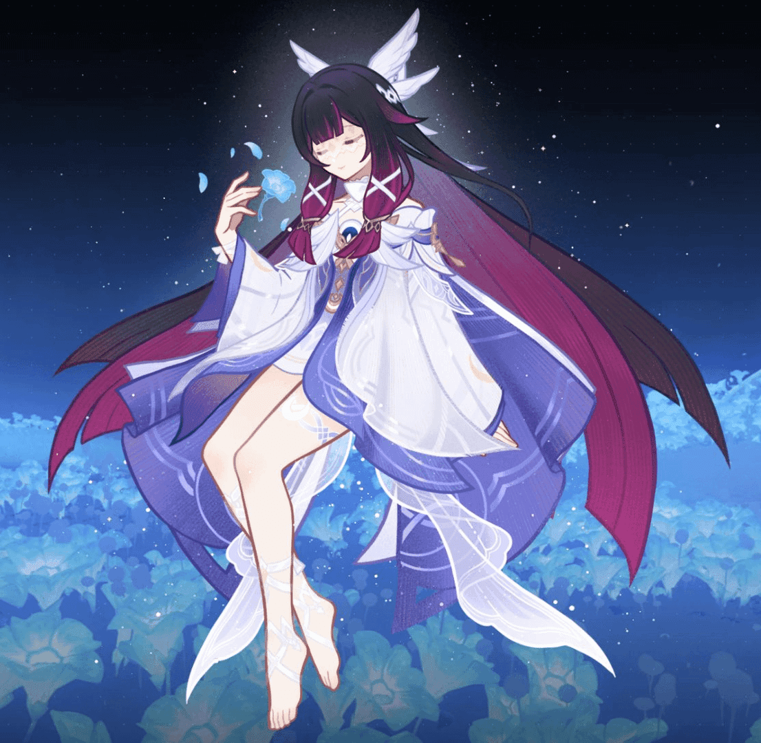 Detailed view of Columbina's character design showing her white mask, flowing dress, and mystical floating elements