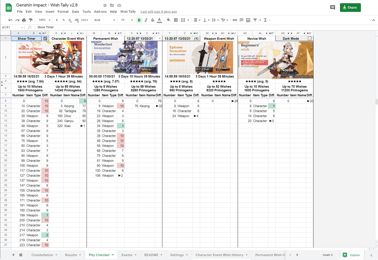 Genshin Impact wish history tracking interface displaying pity counter and pull records