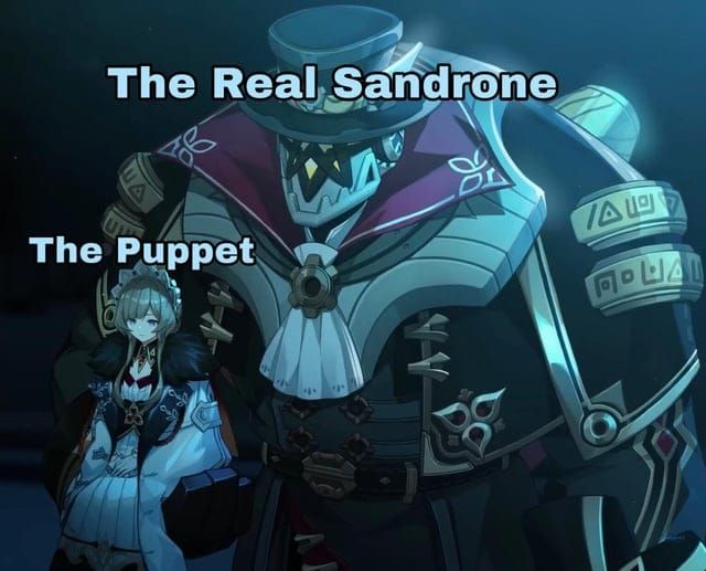 Sandrone riding on her large mechanical automaton companion in Genshin Impact