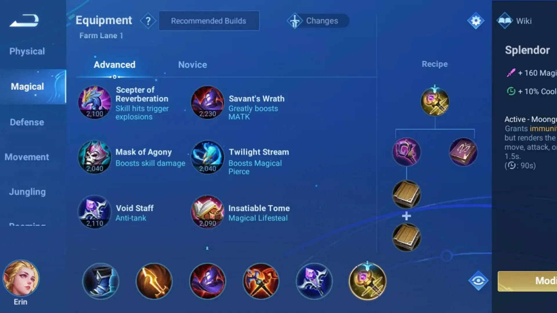 Honor of Kings Erin character build guide showing recommended equipment and arcana