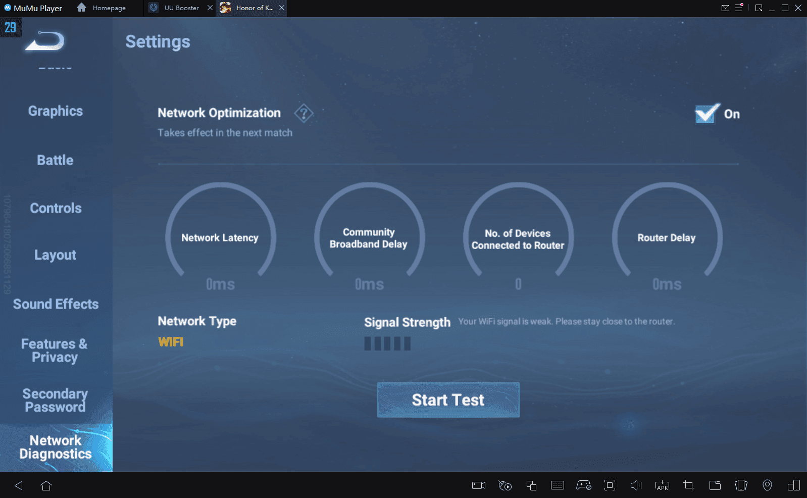 Honor of Kings settings menu with Network Optimization option highlighted