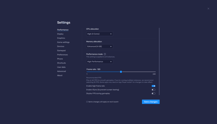 BlueStacks performance configuration panel with optimized settings for Honor of Kings