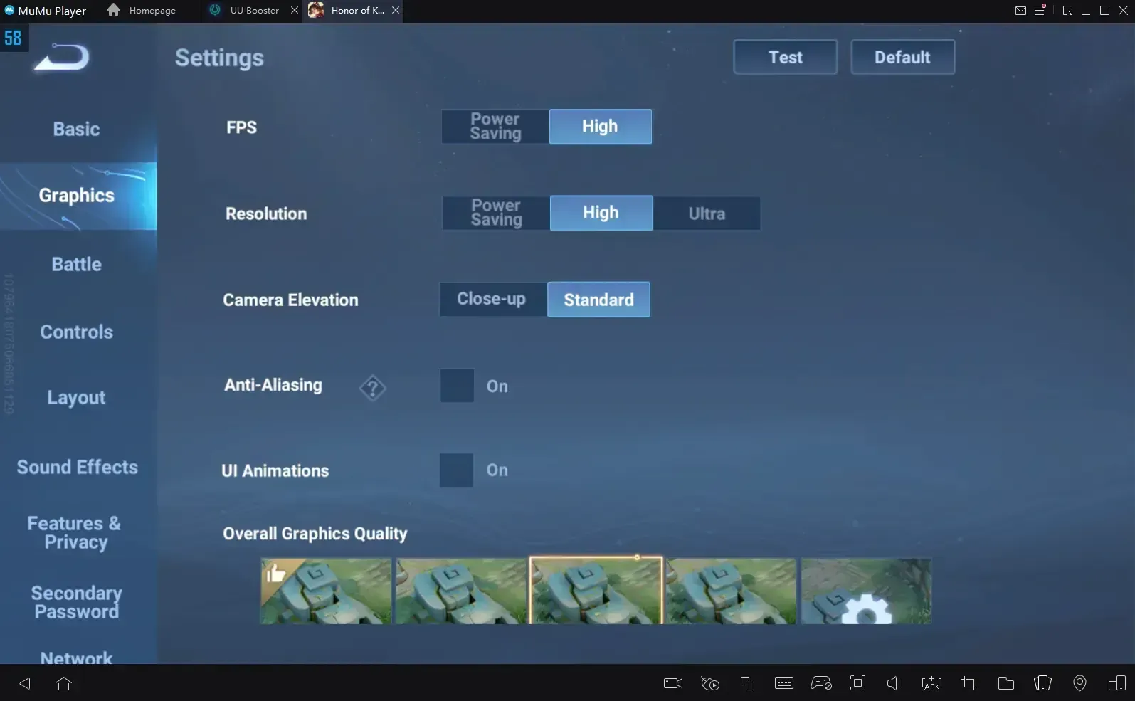 Honor of Kings advanced settings menu showing attack button configuration options