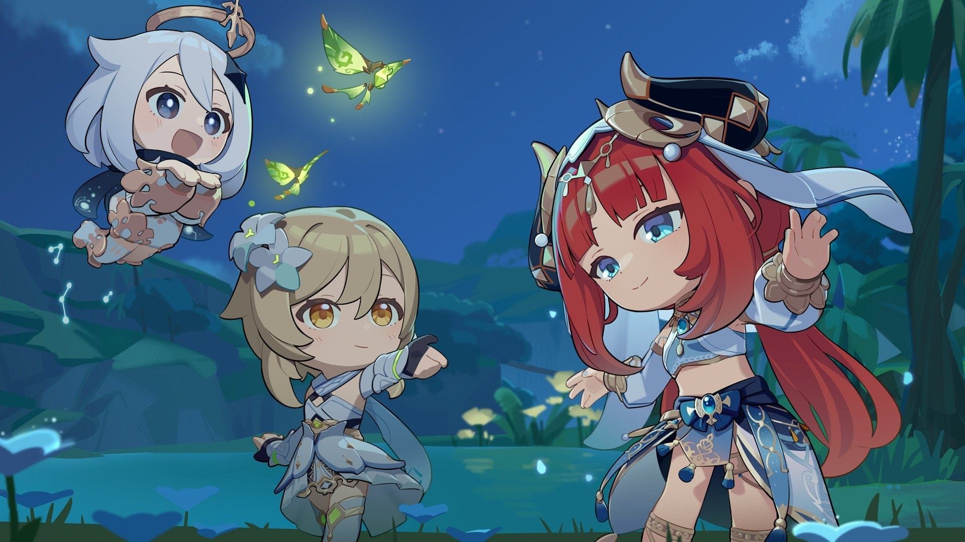 Genshin Impact premium Lunar-Bloom team composition with Lauma, Aino, Nilou, and Baizhu