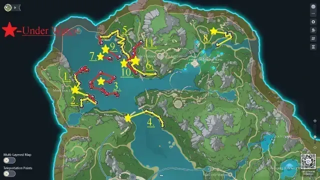 Map of Hiisi Island highlighting the Northern Circuit farming route with Kuuvahki Energy nodes and optimal pathways marked