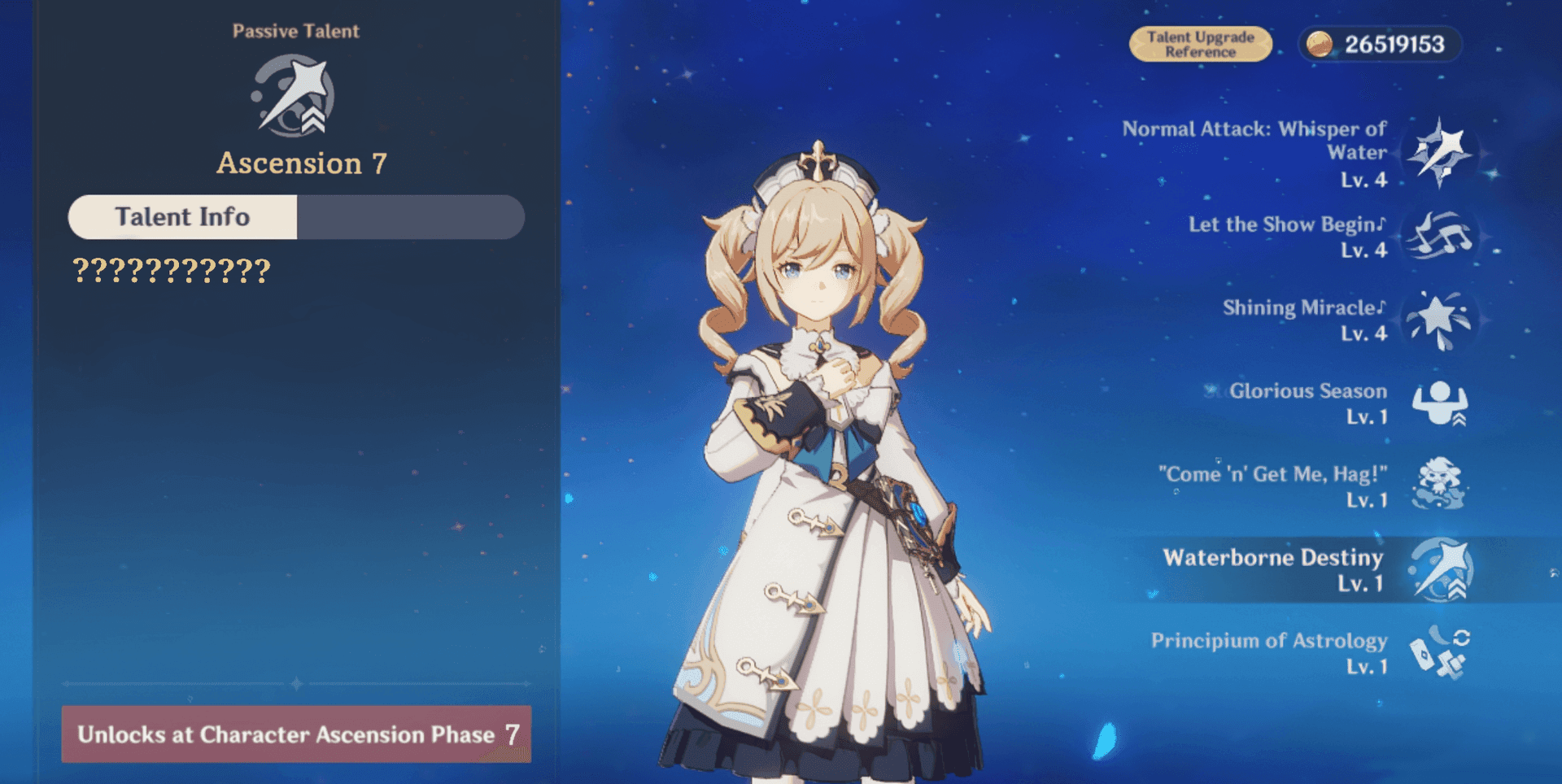 Genshin Impact character ascension screen displaying Level 100 upgrade options with Masterless Stella Fortuna requirements