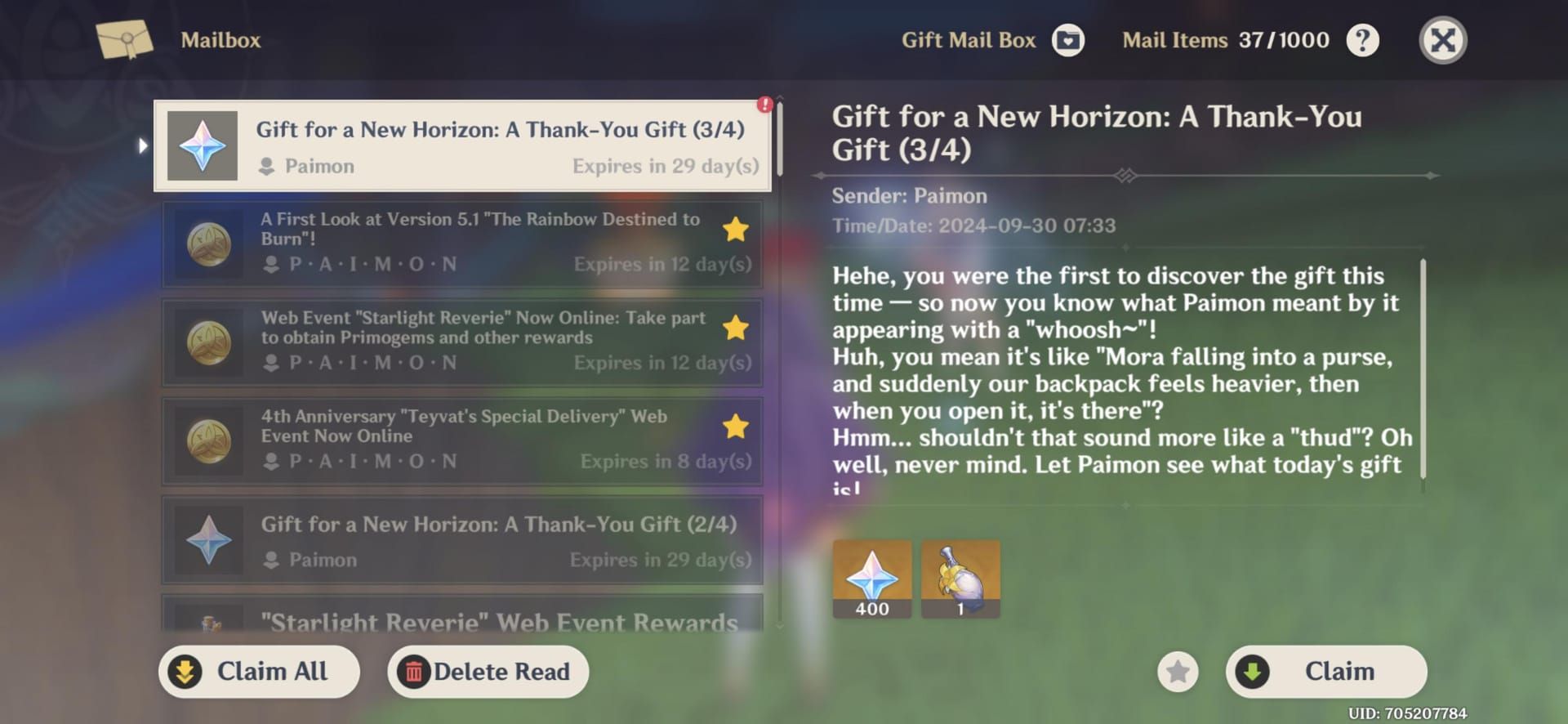 Genshin Impact mail interface showing anniversary reward messages