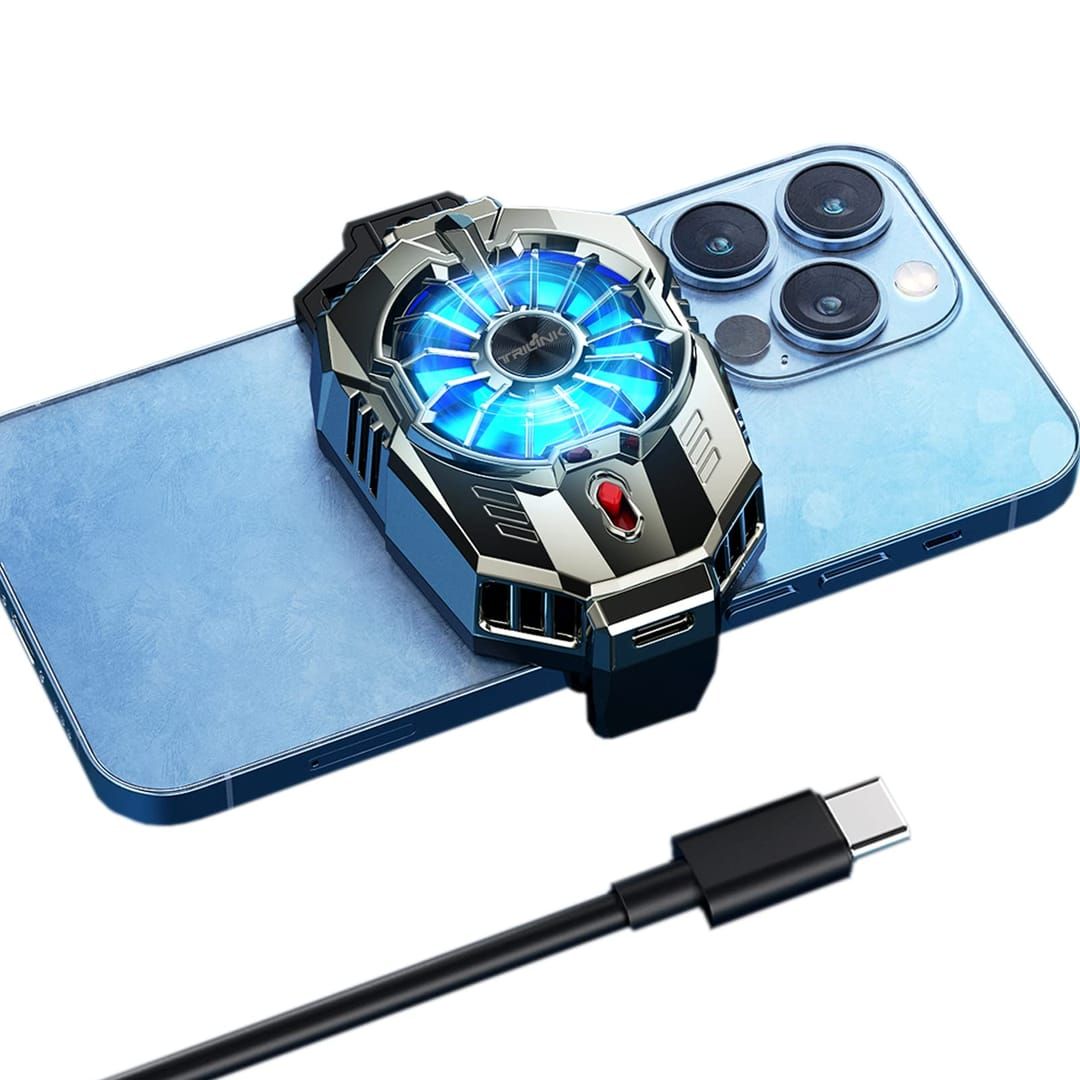 iPhone Pro model with external cooling fan attached behind camera module for thermal management during gaming