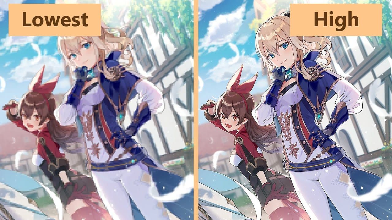 Genshin Impact render resolution comparison showing 1.0 vs 0.8 quality settings
