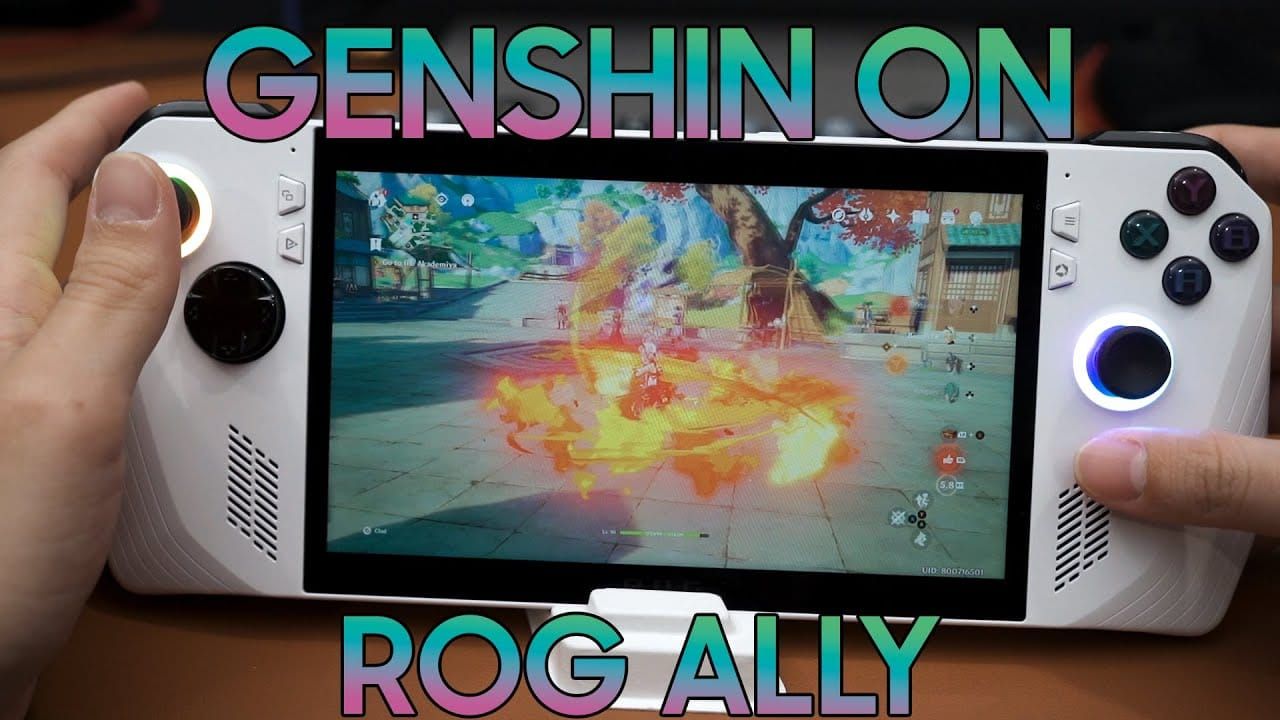 Genshin Impact gameplay on ASUS ROG Ally with performance metrics overlay