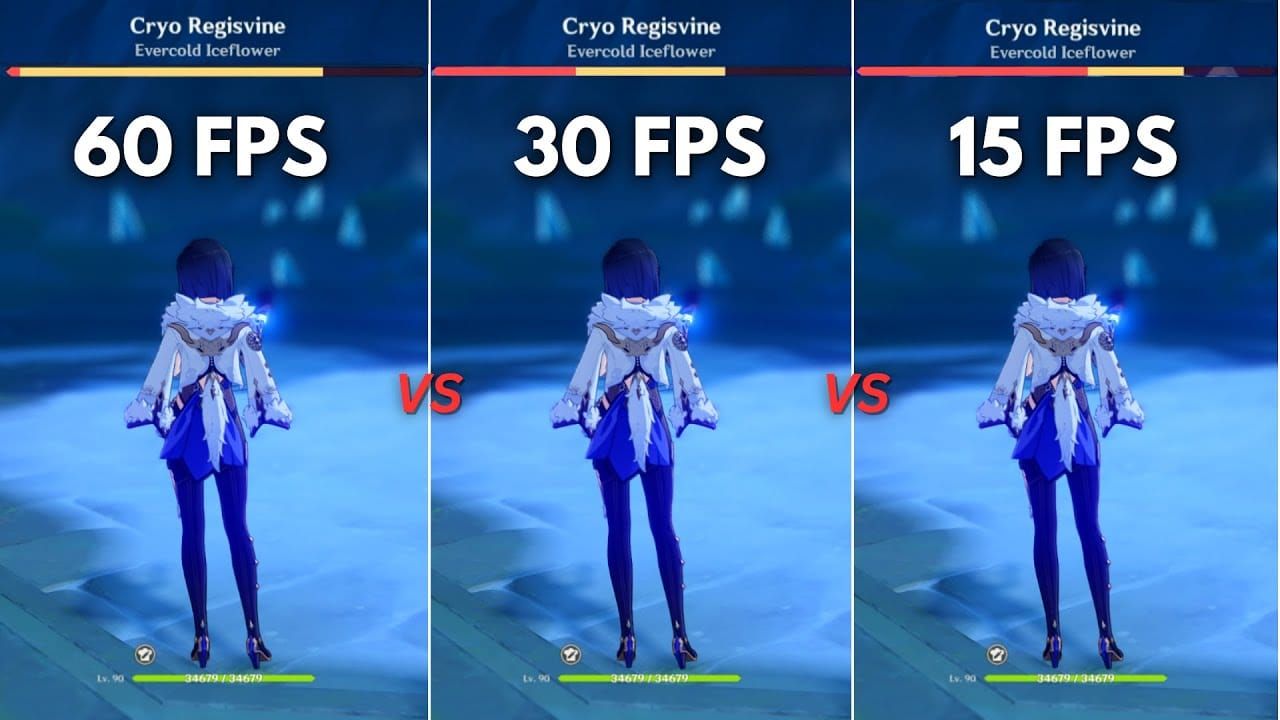 Genshin Impact 30 FPS vs 60 FPS gameplay comparison showing smoother animations