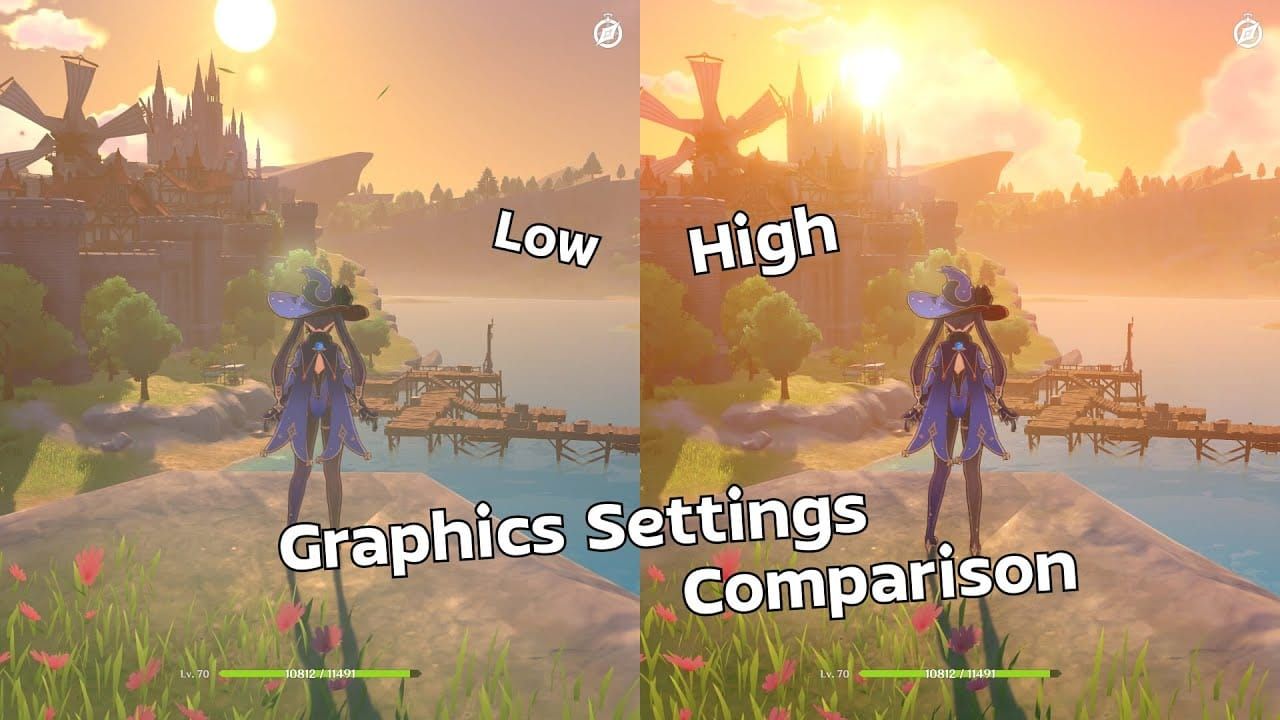 Genshin Impact shadow quality comparison showing high vs low settings impact