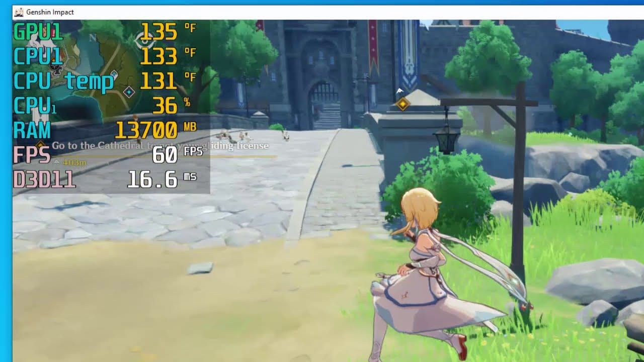 Gaming mode overlay showing FPS counter and performance metrics in Genshin Impact