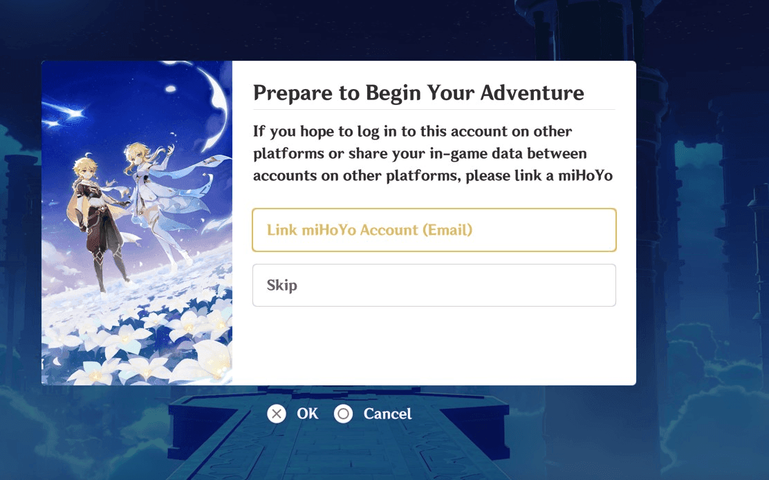 PlayStation account linking prompt in Genshin Impact during first game launch