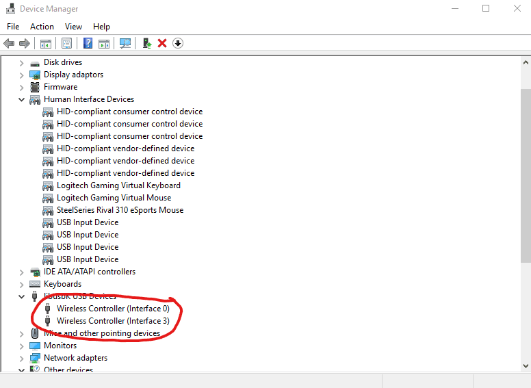 Windows Device Manager displaying correctly recognized PlayStation controller in Human Interface Devices
