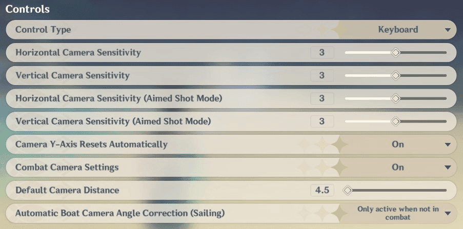 Genshin Impact camera sensitivity settings menu with optimal range highlighted
