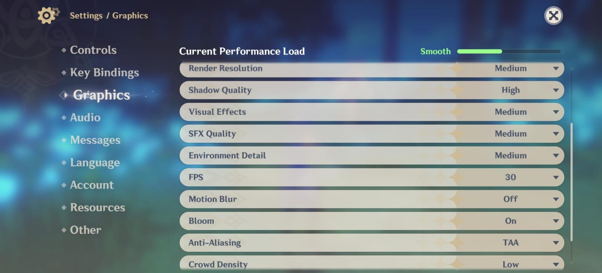 Genshin Impact graphics settings showing Environment Detail set to Medium for optimal performance