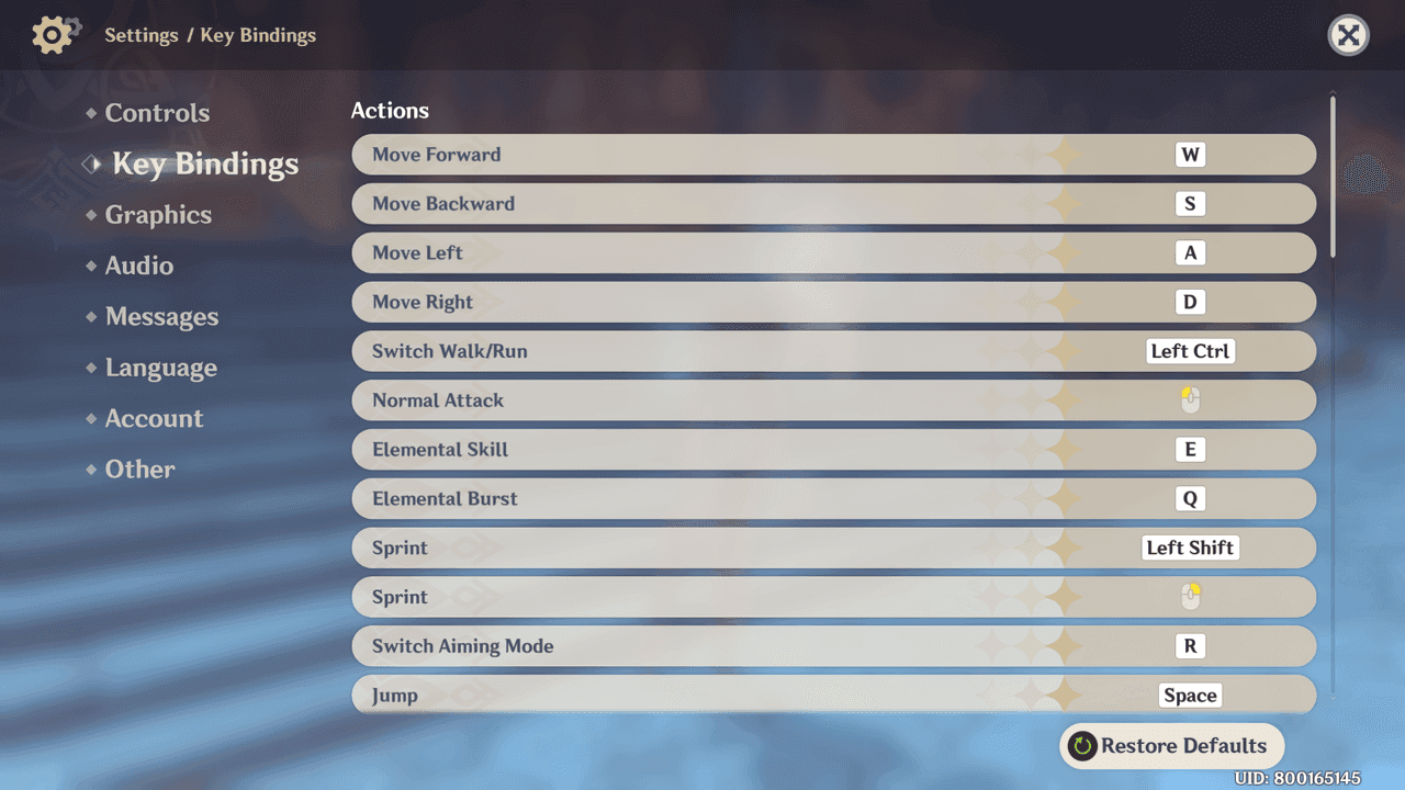 Genshin Impact PC controls settings menu showing default keyboard and mouse bindings