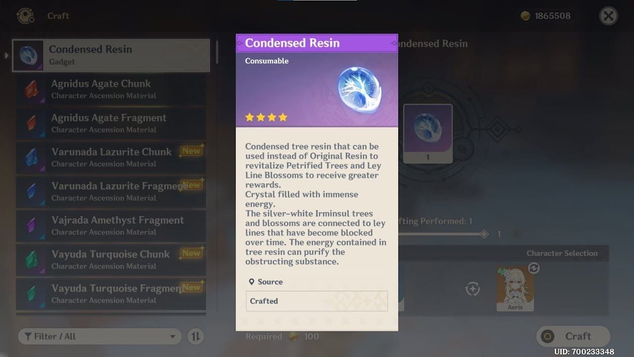 Genshin Impact Condensed Resin crafting interface showing the conversion process