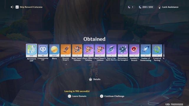 Genshin Impact domain completion screen showing 20 Resin cost and material rewards