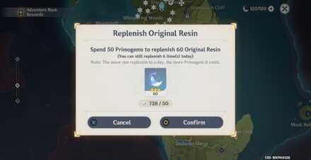 Genshin Impact Resin refresh dialog showing Primogem cost for additional Original Resin