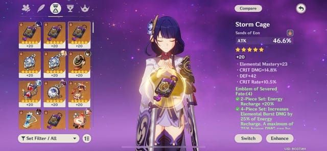 Genshin Impact artifact showing Energy Recharge main stat percentage on Sands piece