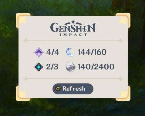 Genshin Impact resin management interface showing daily resin count and regeneration