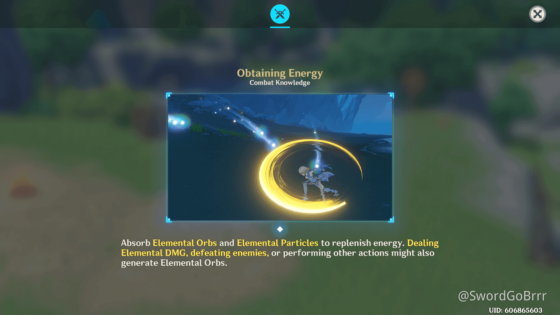 Genshin Impact gameplay showing elemental particles and orbs being generated