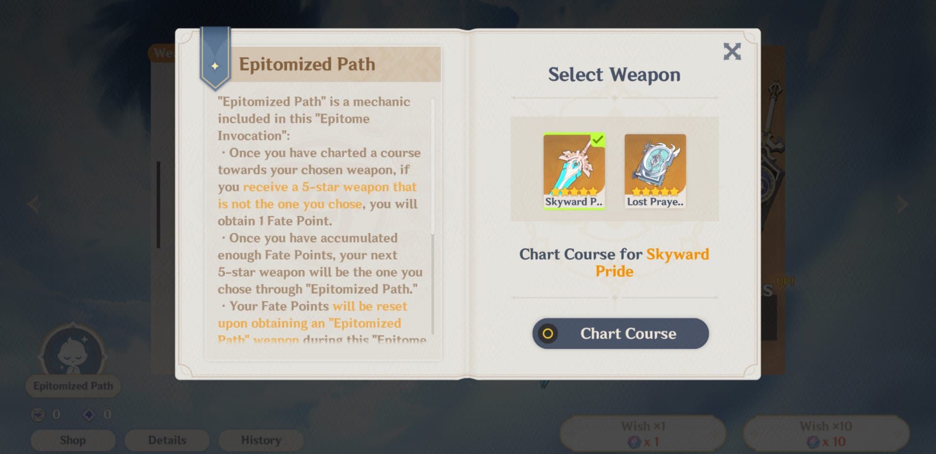 Genshin Impact Epitomized Path weapon banner interface showing the fate point system