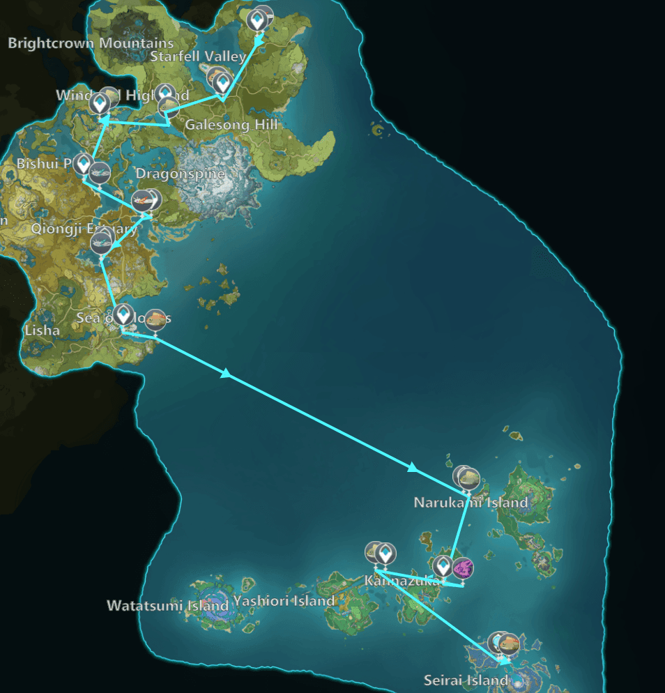 Optimized fishing route map for Genshin Impact showing 3-day farming circuit