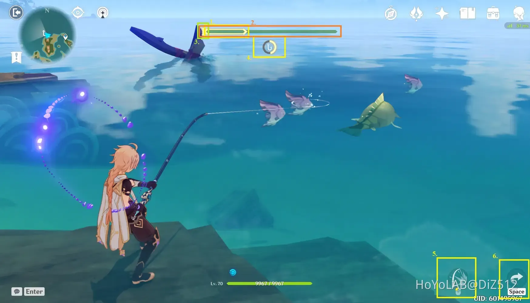 Genshin Impact fishing interface showing the yellow Ideal Tension Zone during fish struggle phase