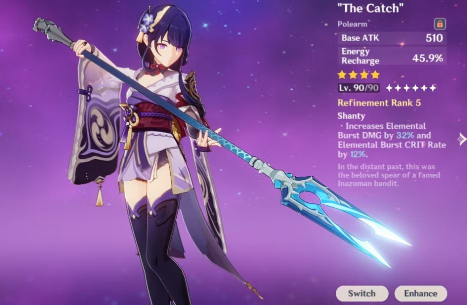 The Catch polearm weapon from Genshin Impact showing weapon stats and abilities