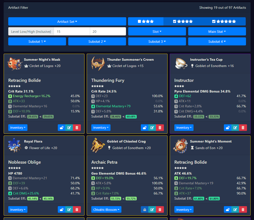Genshin Optimizer web tool interface for character build optimization