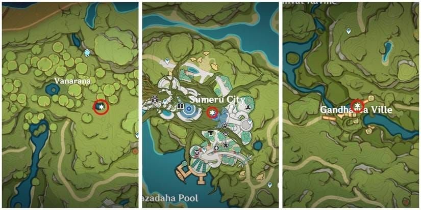 Sumeru region map showing local specialty locations and terrain complexity