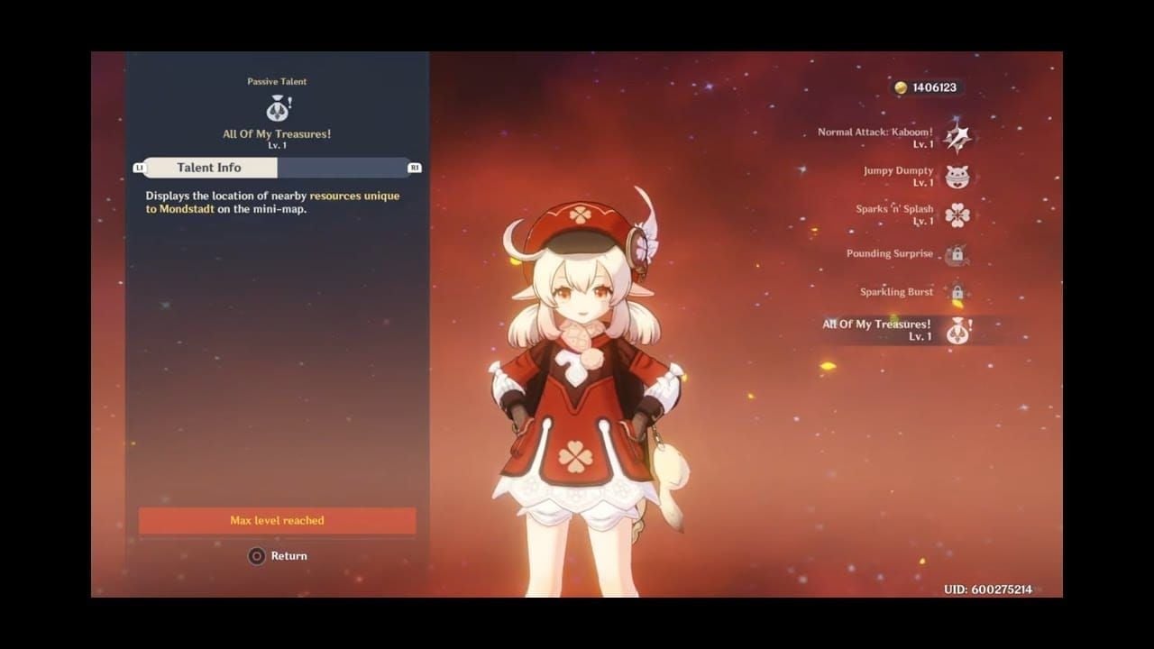 Klee character profile showing her tracking passive talent for Mondstadt specialties