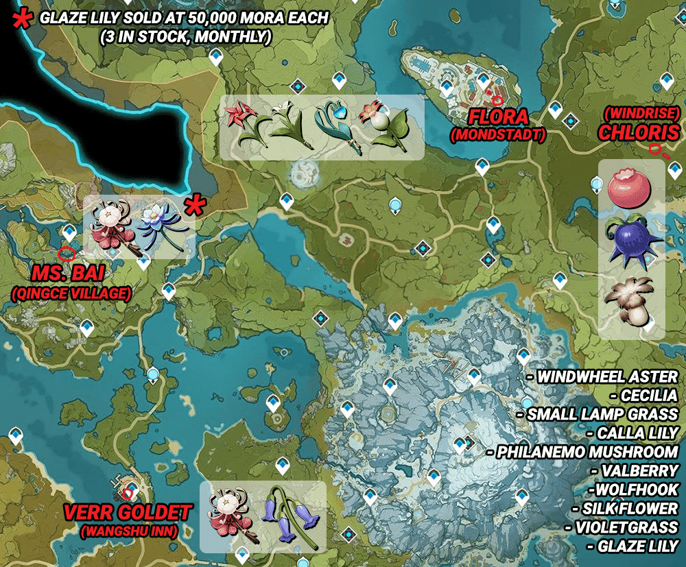 Interactive map interface showing Genshin Impact local specialty farming routes