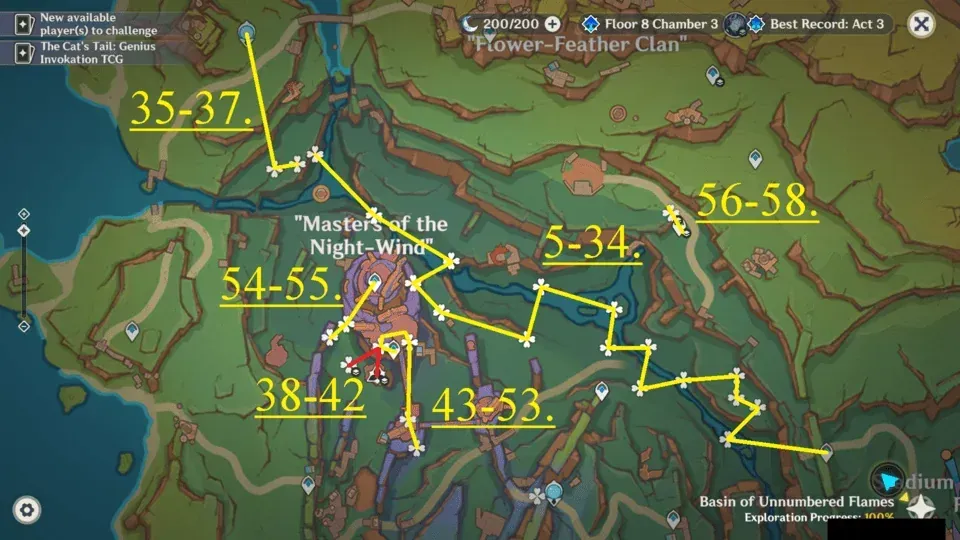 Genshin Impact map showing Glowing Hornshroom collection points and optimal farming route in Masters of the Night Wind