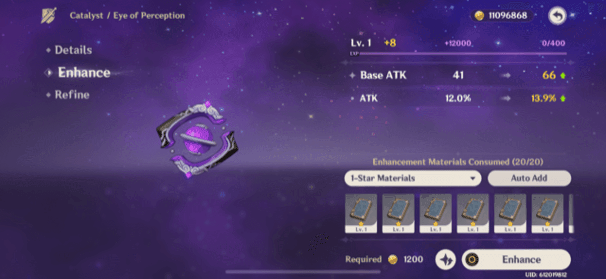 Genshin Impact weapon enhancement interface displaying material requirements and costs