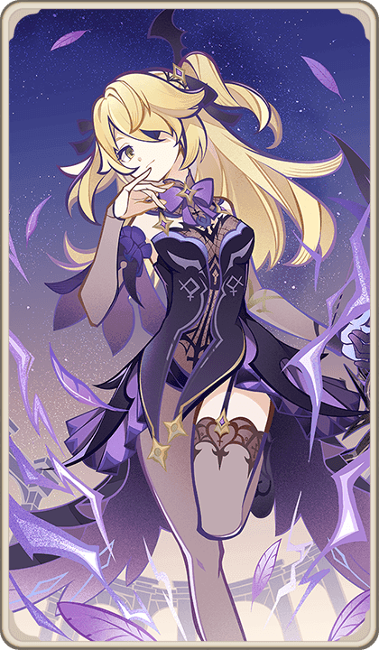 Fischl character card from Genshin Impact Genius Invokation TCG displaying her abilities and stats