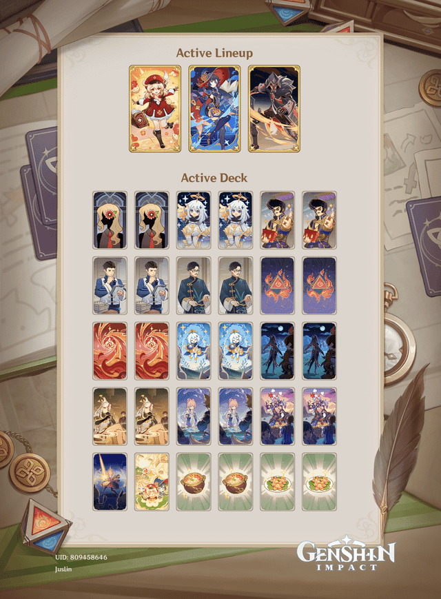 Complete Electro-Charged Swirl deck layout showing Fischl, Sucrose, and Mona character cards with supporting action cards