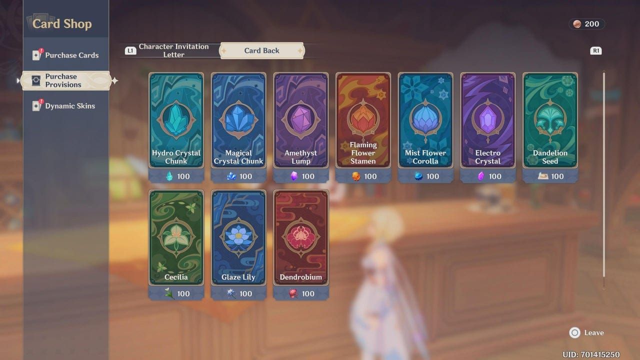 Genshin Impact TCG shop interface displaying Lucky Coins currency and available cards for purchase