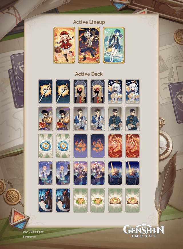 Genshin Impact TCG deck building structure showing character cards and action card types