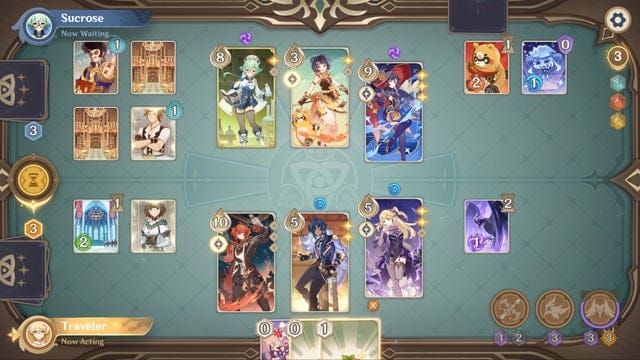Genshin Impact Genius Invokation TCG game interface displaying the three phases of gameplay