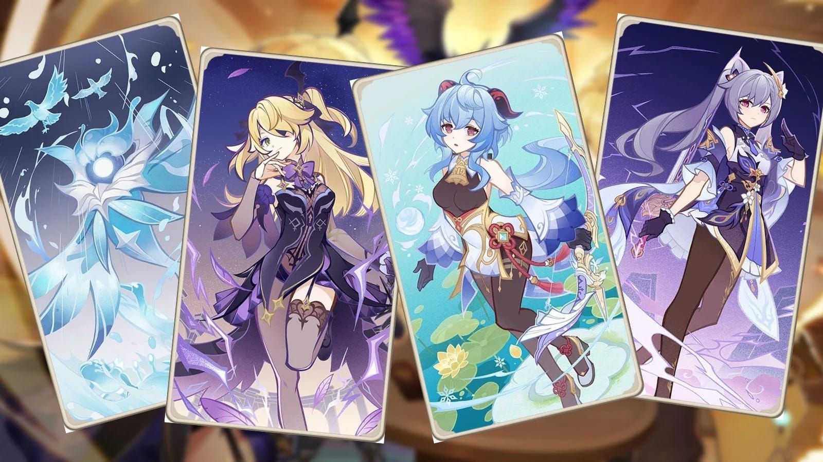 Genshin Impact TCG character cards featuring Fischl, Ayaka, and Ganyu for beginner players