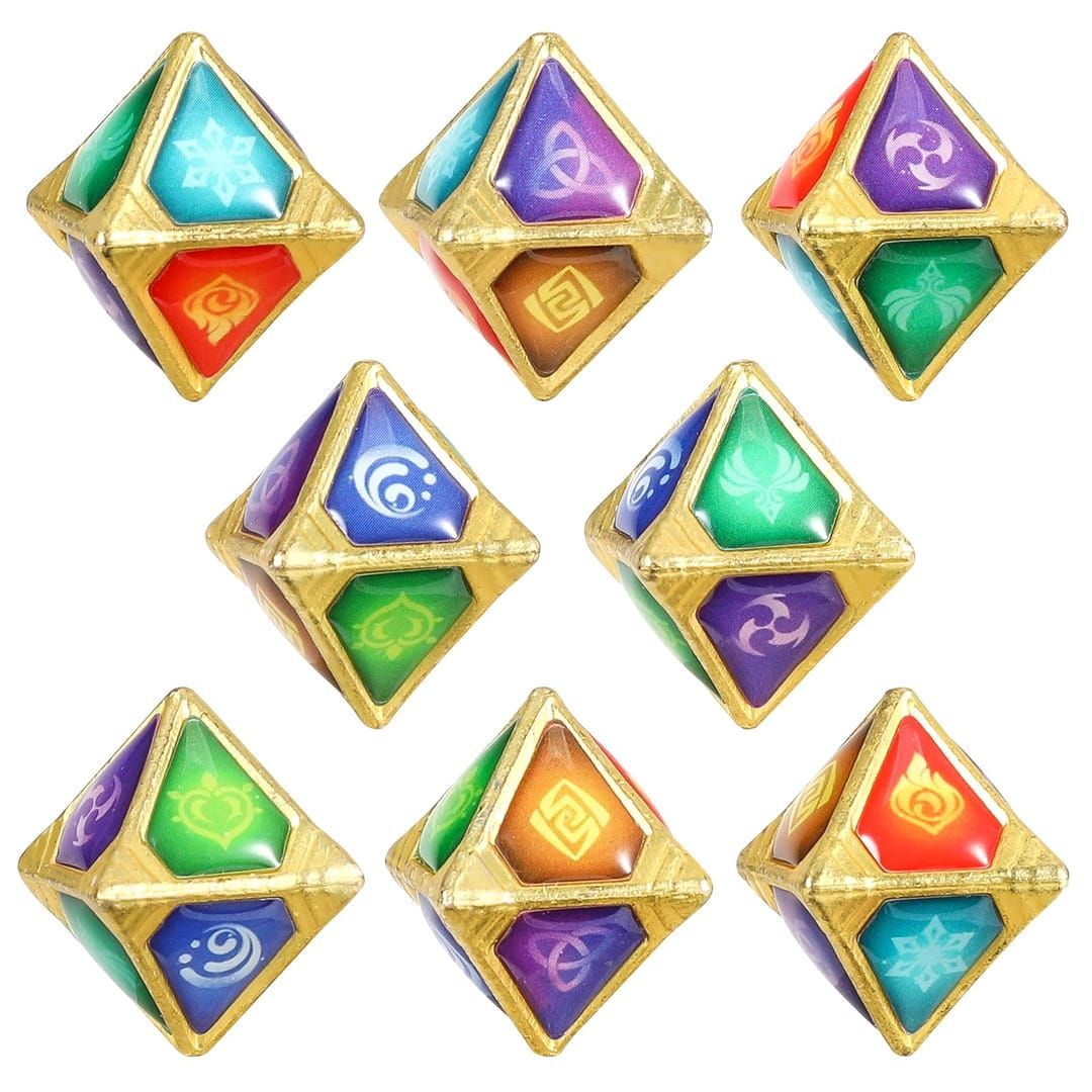 Genshin Impact TCG elemental dice and cost symbols guide showing all eight dice types